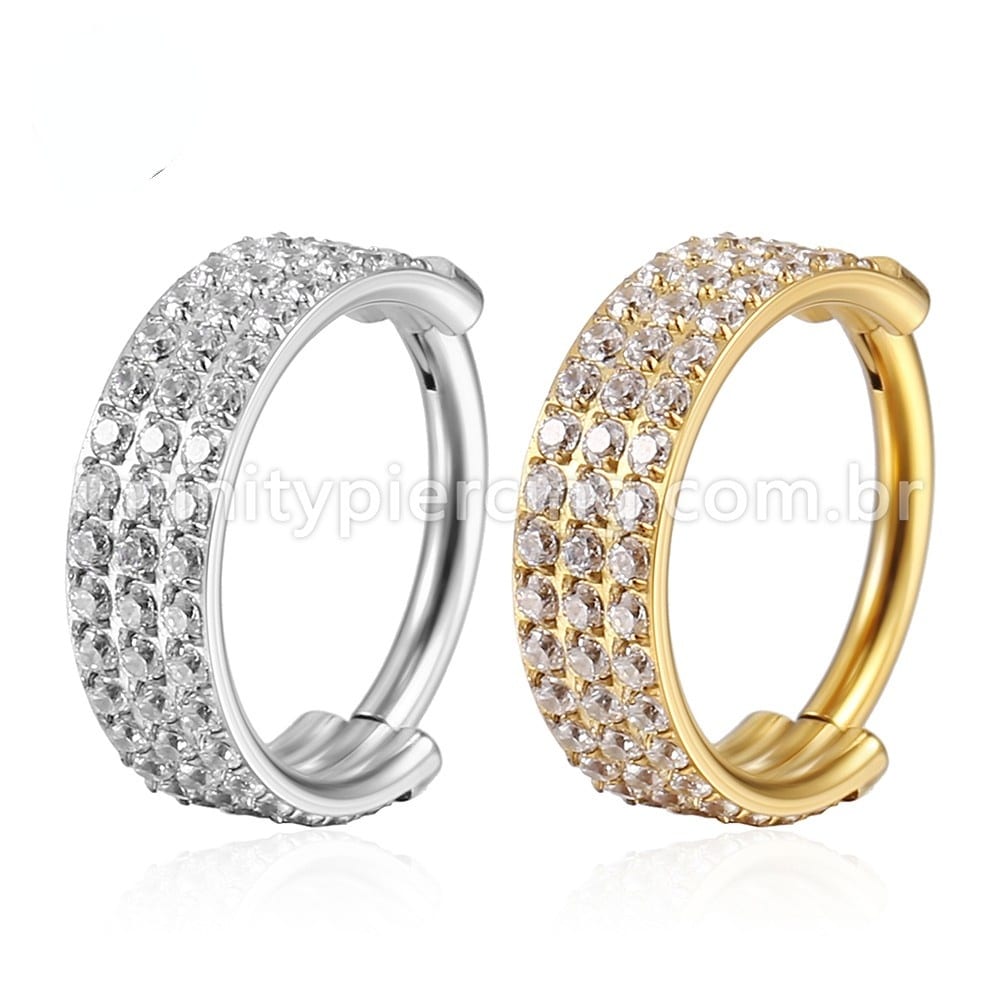 Piercing Argola Segmento Articulado Aço Cirurgico Zircônia 3 Fileiras